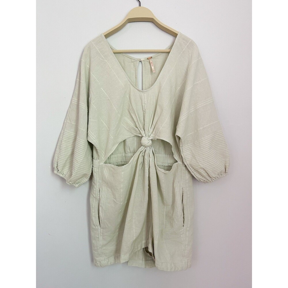 Free People Knot Front Cutout Romper XL Beige Cotton Boho Pockets